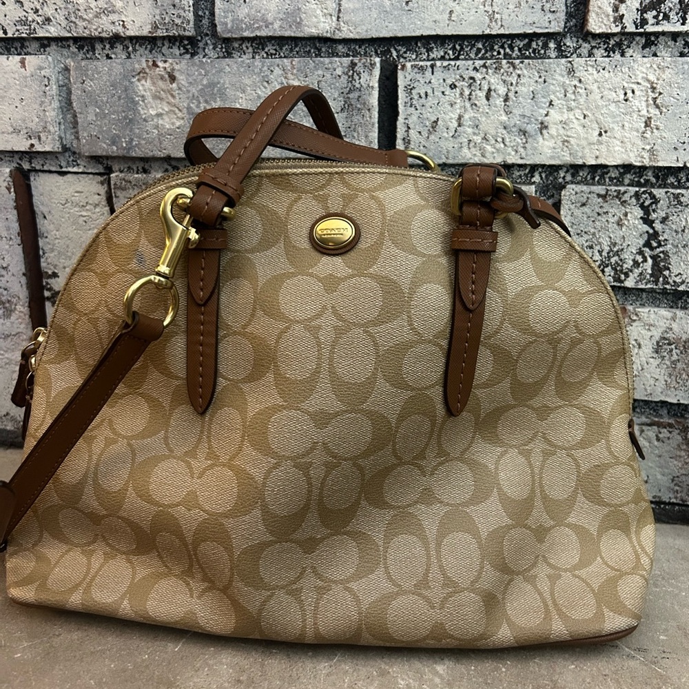 Coach Tan/Brown Signature Dome Satchel with Gold Hardware